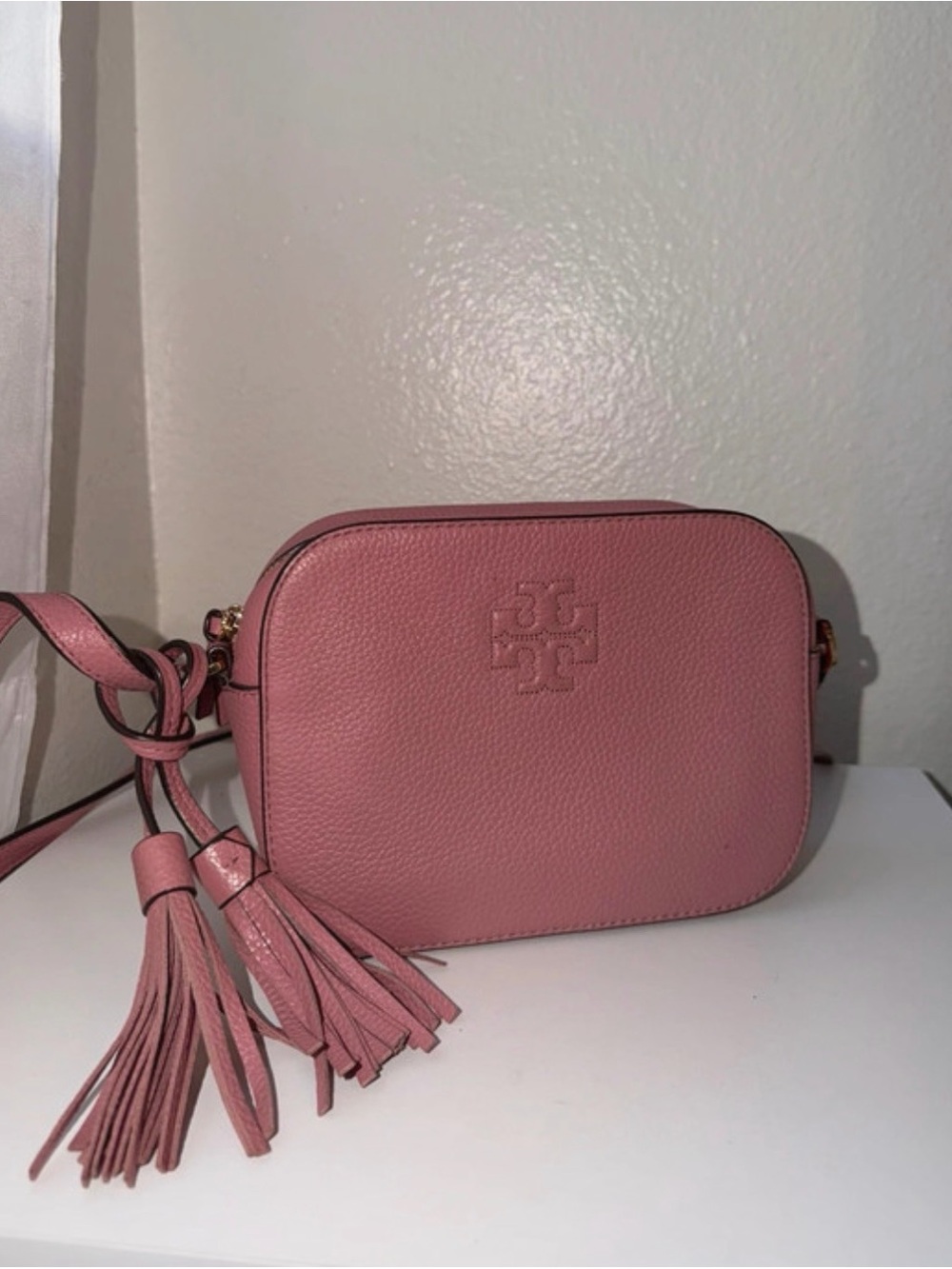 Tory Burch Dusty Pink Pebbled Leather Camera Bag with Tassels